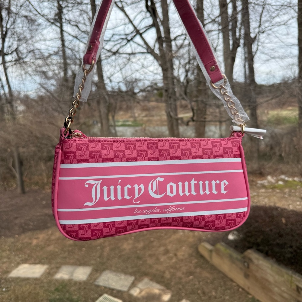 Juicy Couture Pink Monogram Baguette Shoulder Bag Y2K Logo Chain Strap